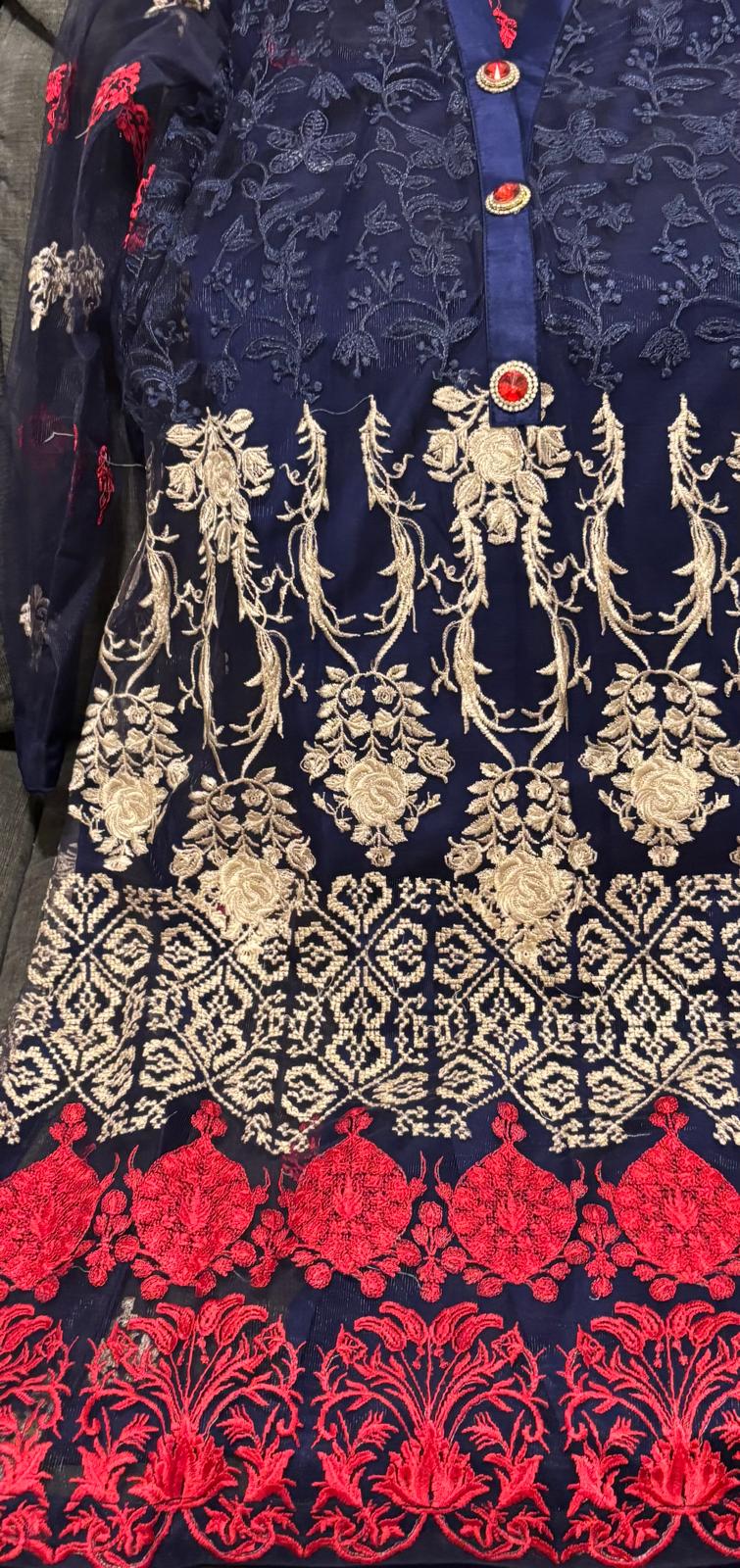 Navy Blue Net Kameez and Dupatta with Embroidery and Plain Trouser