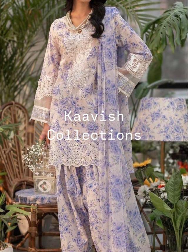 White and Moave Printed Lawn Chickenkari Suit 3pc