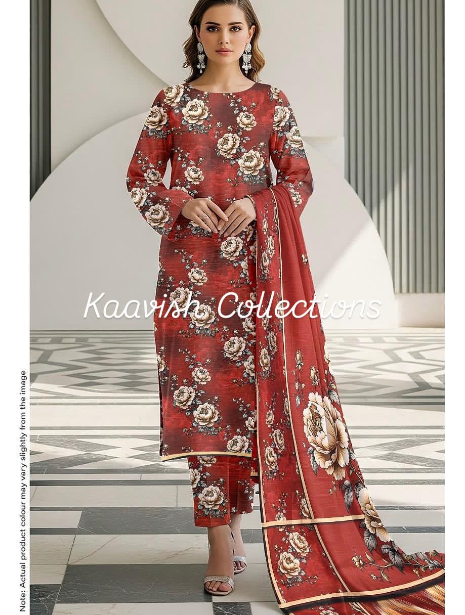 Red Printed Khaddar Suit 3pc