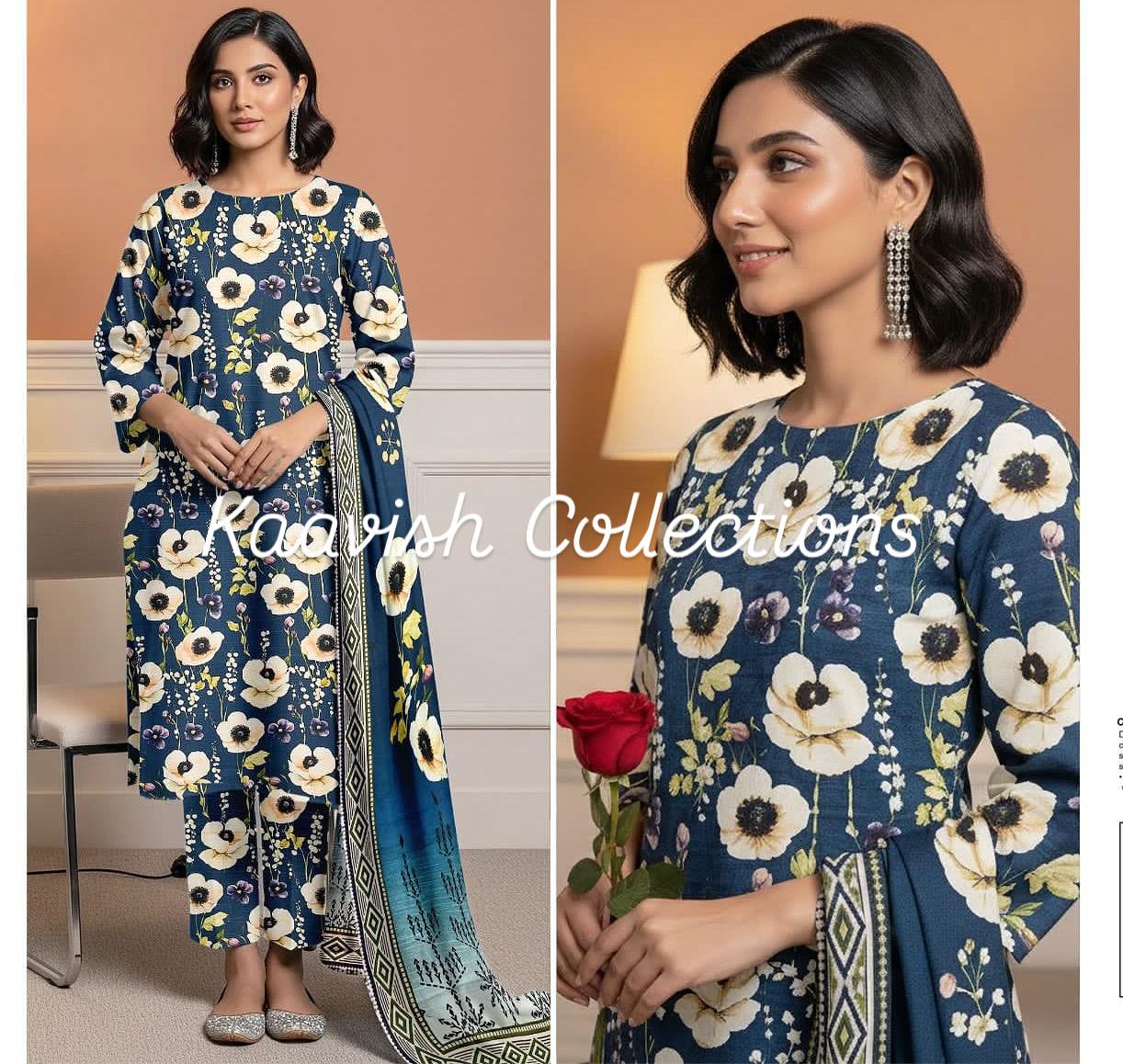 Blue Printed Khaddar Suit 3pc