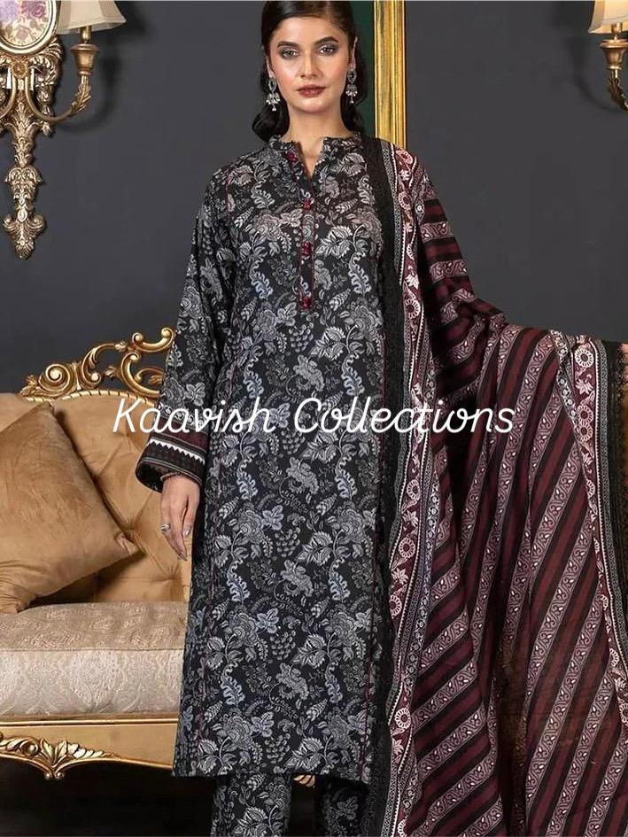 Black khaddar Suit with Embroidery and Dupatta 3pc