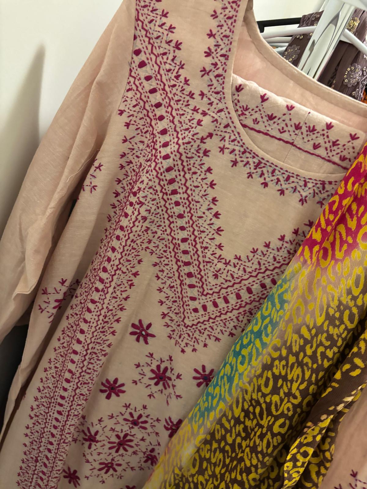 Light Pink Suit with Hand Embroidered Kameez and Tie Dye Shawl Dupatta