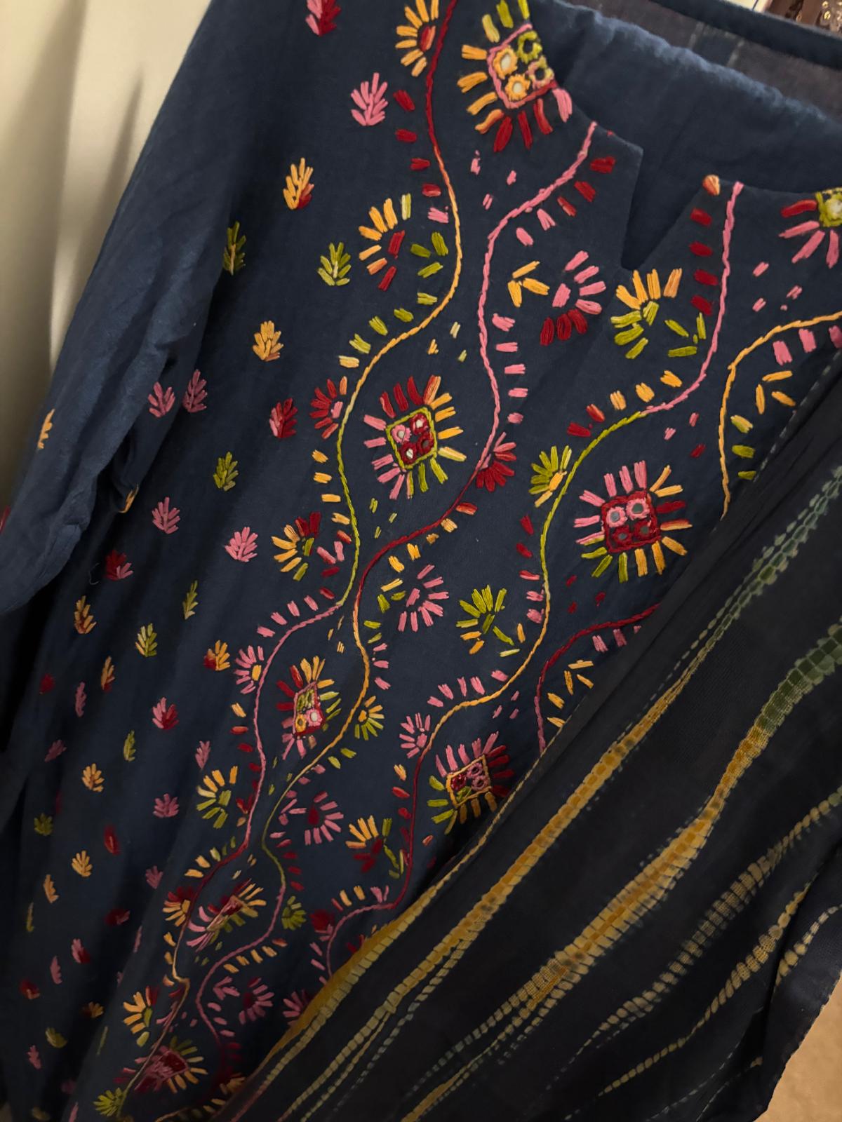 Navy Blue Cotton Suit with Hand Embroidered Kameez and Tie Dye Dupatta