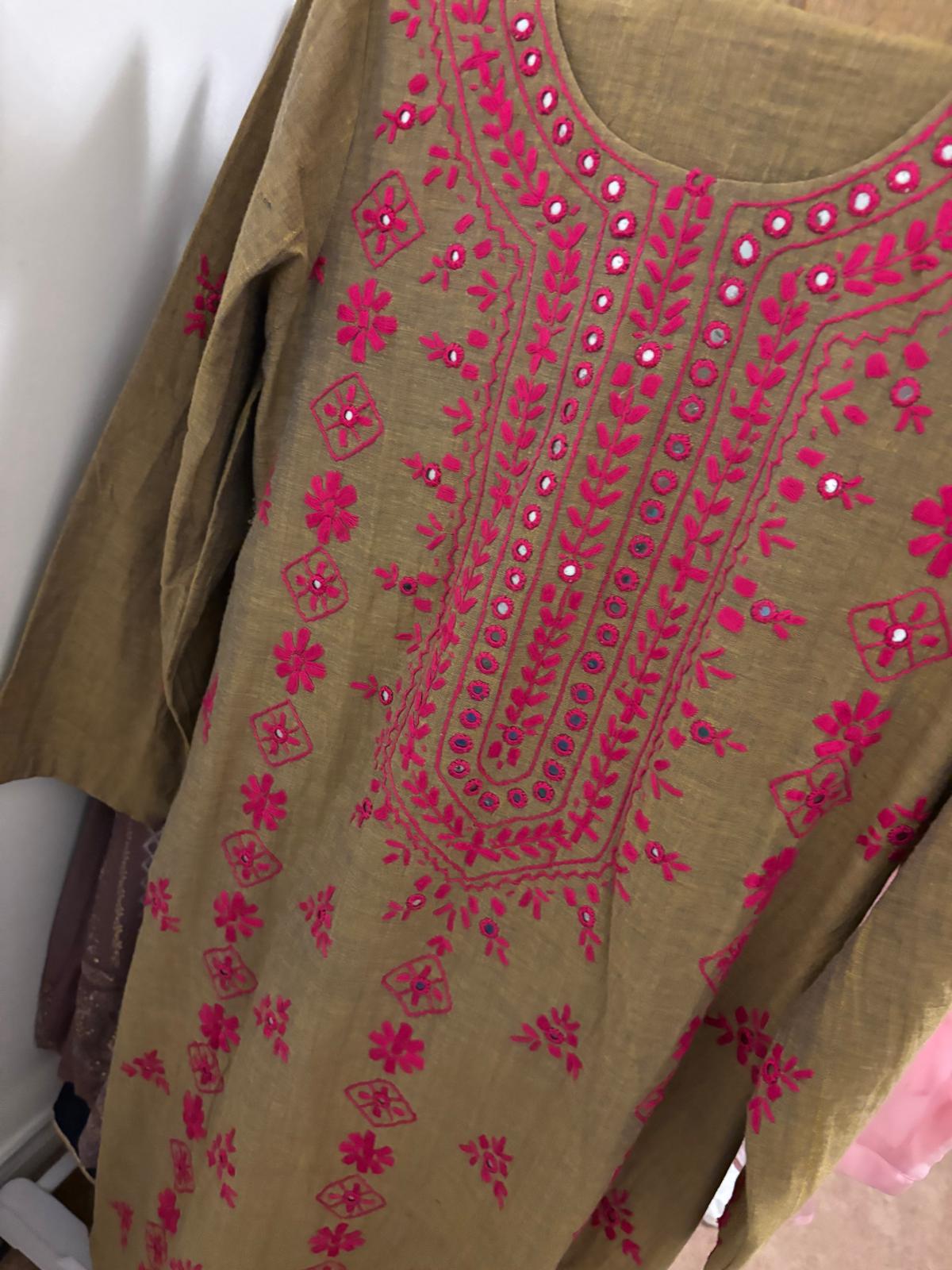 Olive Green Cotton Suit with Shocking Pink Embroidery with Mirror Work on Kameez and Dupatta 2pc