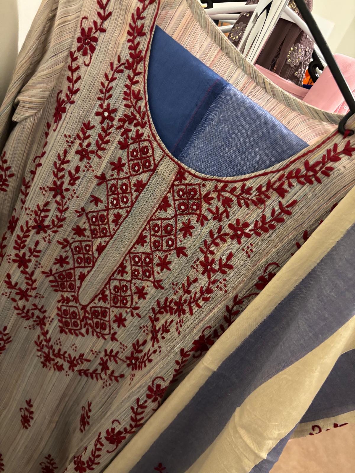 Off White Cotton Suit with Maroon Hand Embroidery on Kameez