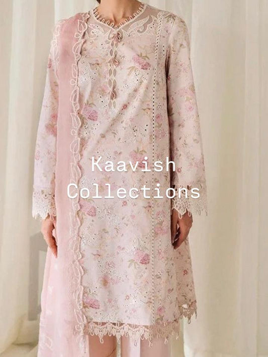 Light Pink Lawn Suit with Matching Dupatta with Lace on Kameez and Dupatta 3pc