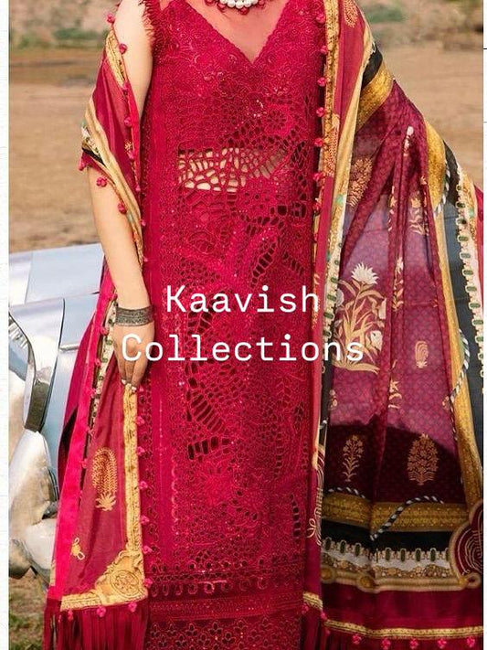 Red Lawn Chickenkari Suit with Chiffon Dupatta 3pc