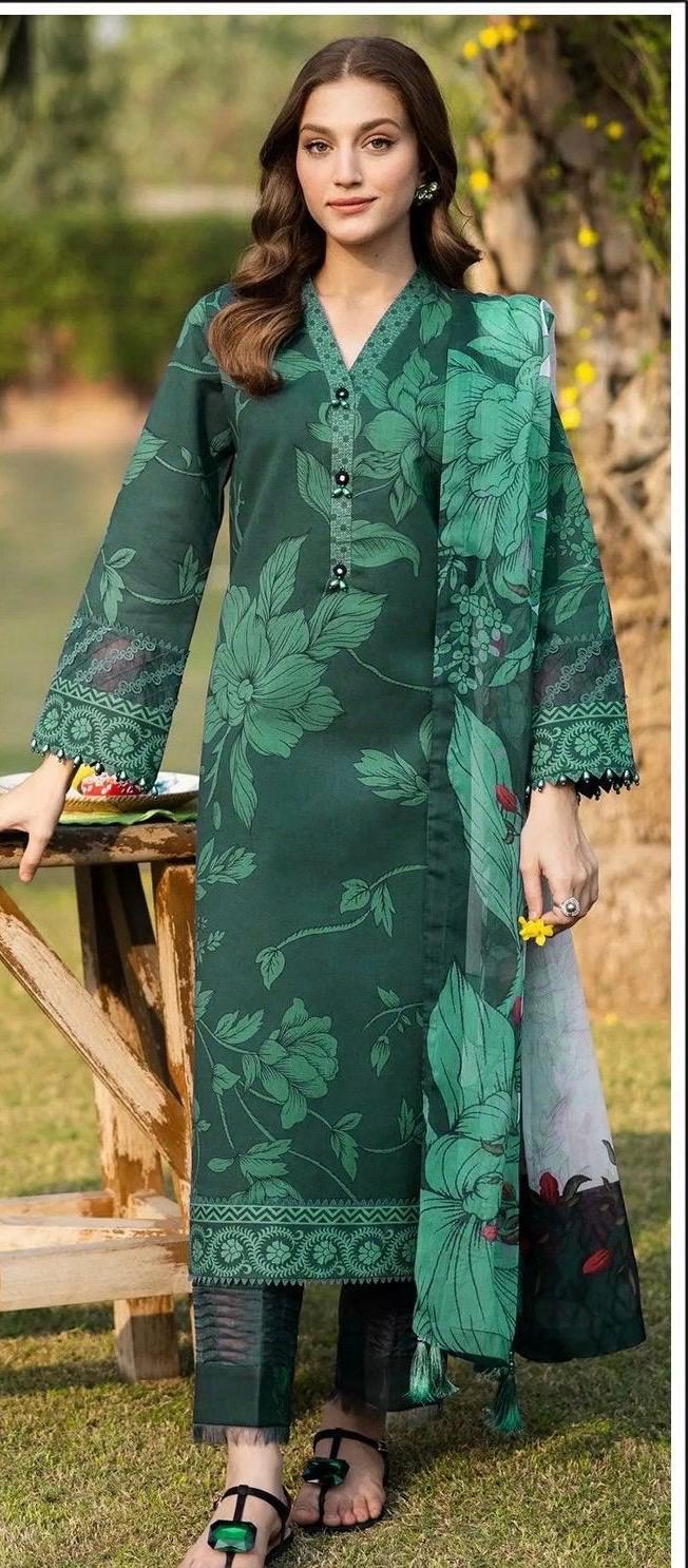 Green Printed Khaddar Suit with Shawl Dupatta