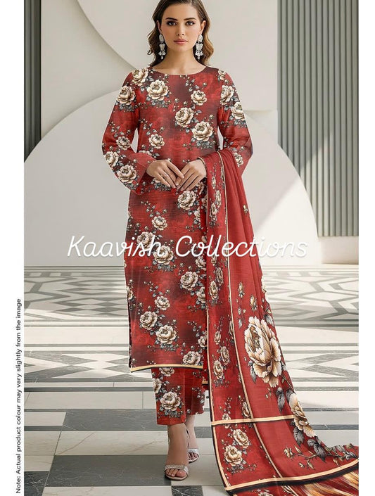 Red Printed Khaddar Suit 3pc
