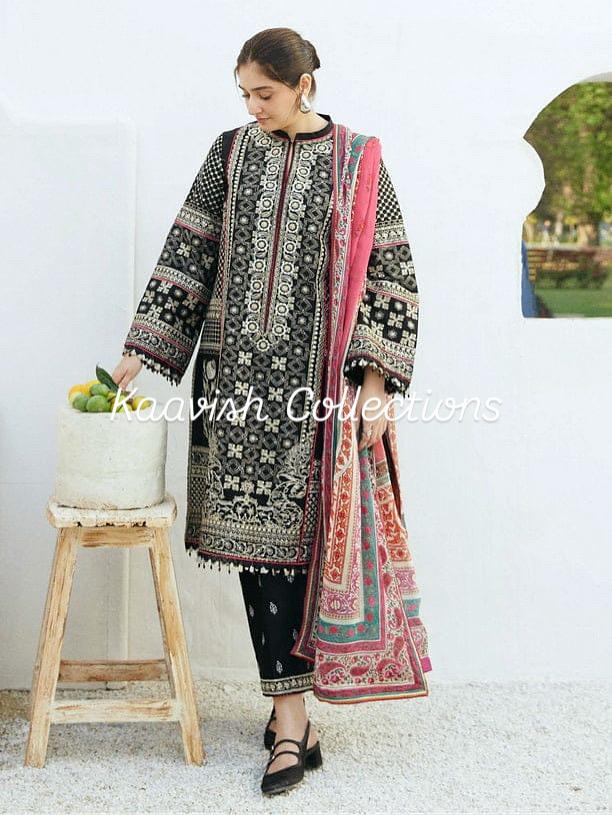 Black Khaddar Suit with Embroidery and Black and Pink Printed Shawl