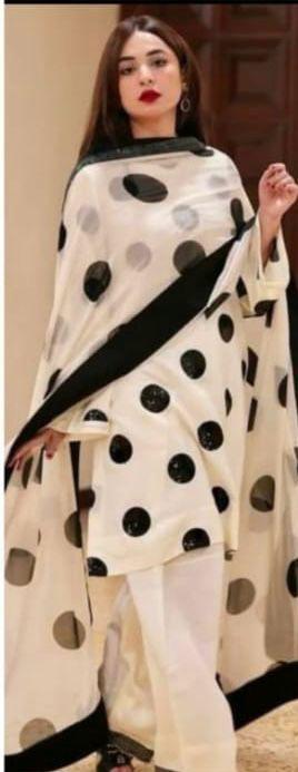 White Silk Suit with Black Polka Dots and Matching Dupatta 3pc